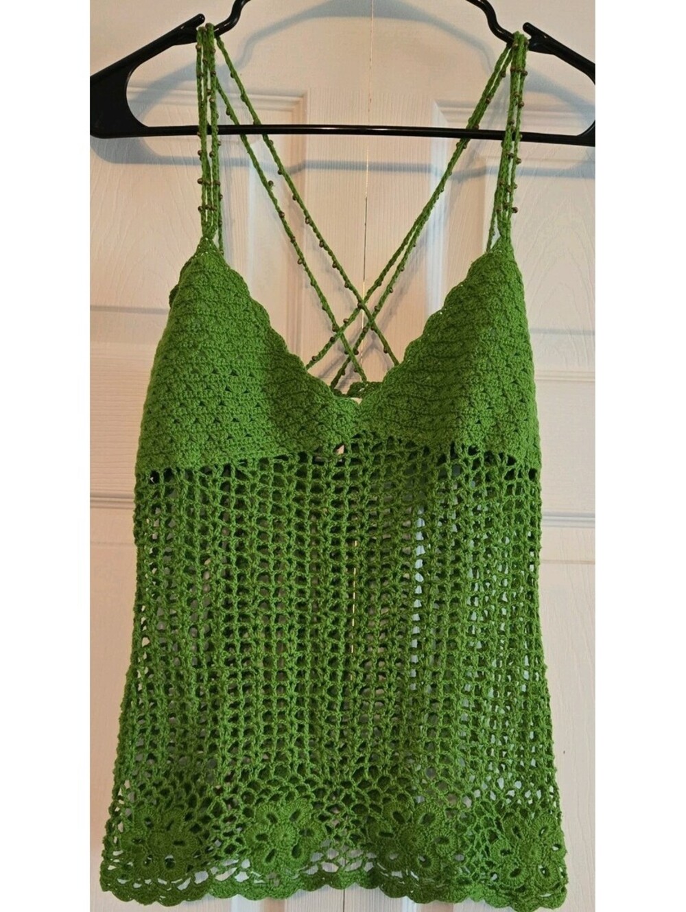 Vtg Pout Open Knit Crochet Crop Tank Floral Y2k Festival Green M Hippie Plunge